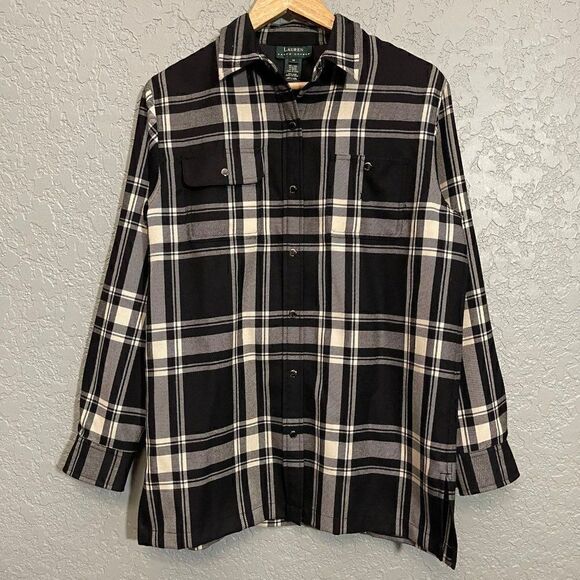 Lauren Ralph Lauren Black Plaid Button Down Shirt Jacket 100% Wool - Picture 12 of 12